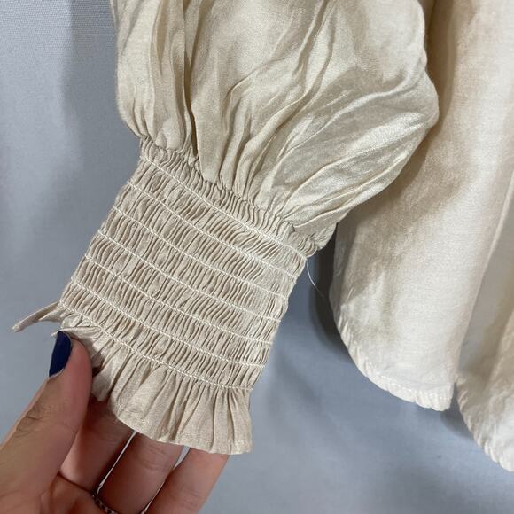 Pomander Place Top Women XS Beige Cottagecore Peasant Boho Prairie Flowy Smocked - Picture 6 of 8